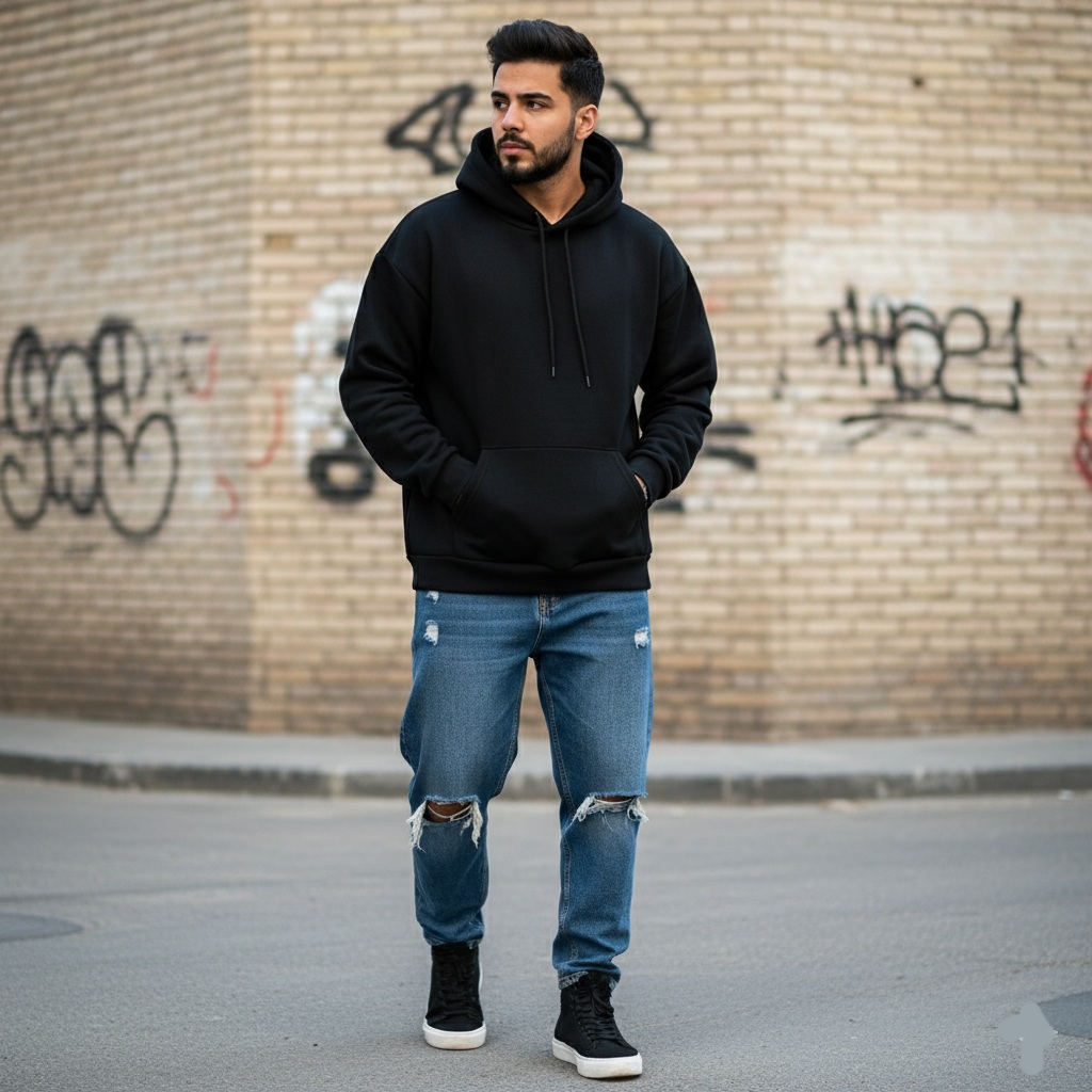 هودی مشکی اوور سایز LANE SEVEN